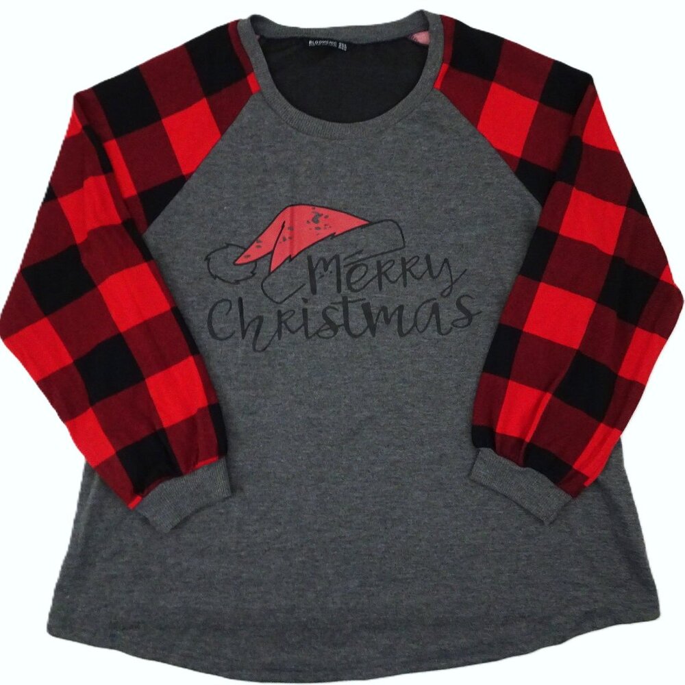 BloomChic Christmas Tunic Sweatshirt 14-16 1X Merry Santa Buffalo Plaid Gray